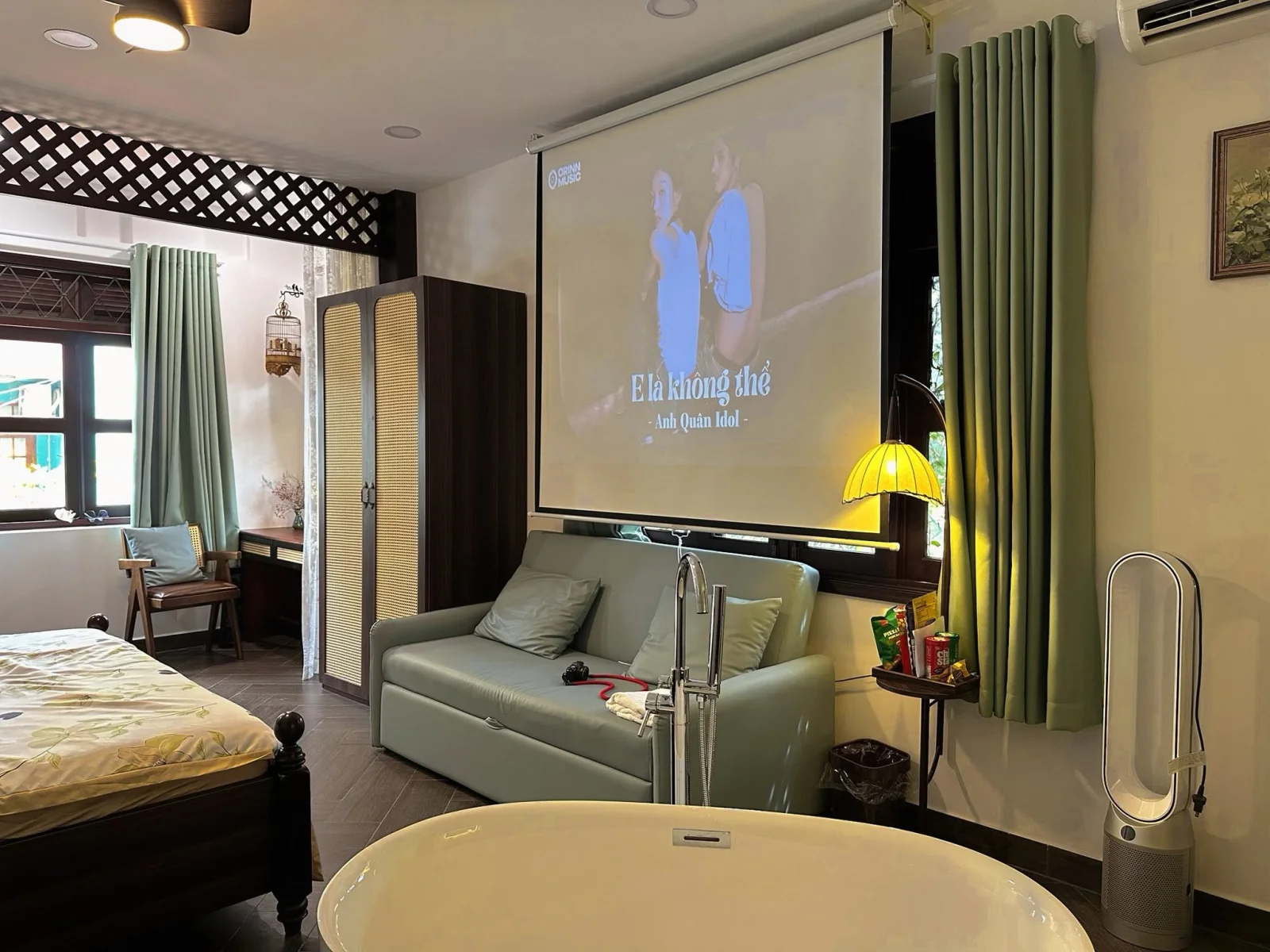The sofa and projector corner